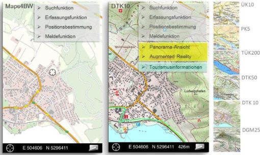 Vergleich der Darstellungen Maps4BW und DTK10 mit der Angabe des Funktionsumfangs