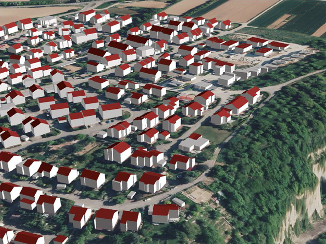 3D-Gebäudemodell LoD2, präsentiert mit einem Luftbild